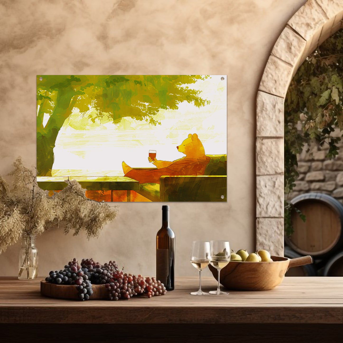 Ontspannen beer onder een groene boom tuinposter