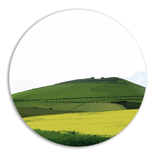 Minimalistisch groen heuvelachtig landschap schilderij aluminium muurcirkel