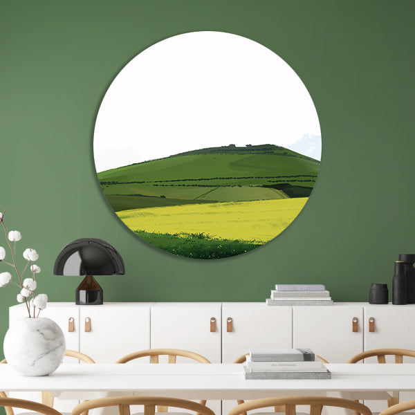 Minimalistisch groen heuvelachtig landschap schilderij aluminium muurcirkel