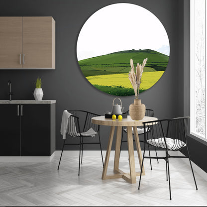 Minimalistisch groen heuvelachtig landschap schilderij aluminium muurcirkel
