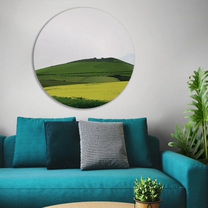 Minimalistisch groen heuvelachtig landschap schilderij aluminium muurcirkel