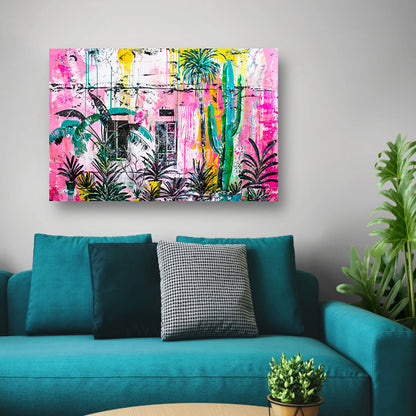 Kleurrijke abstracte muurschildering met planten poster