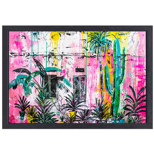 Kleurrijke abstracte muurschildering met planten canvas met baklijst
