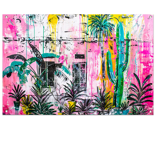 Kleurrijke abstracte muurschildering met planten tuinposter