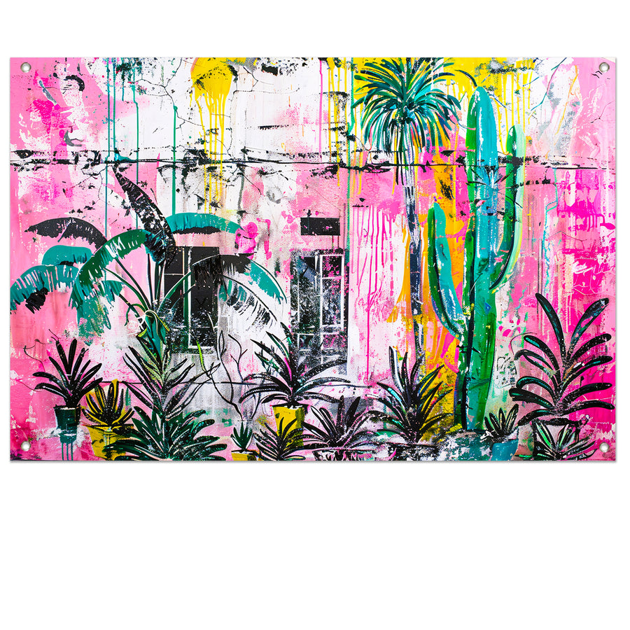 Kleurrijke abstracte muurschildering met planten tuinposter