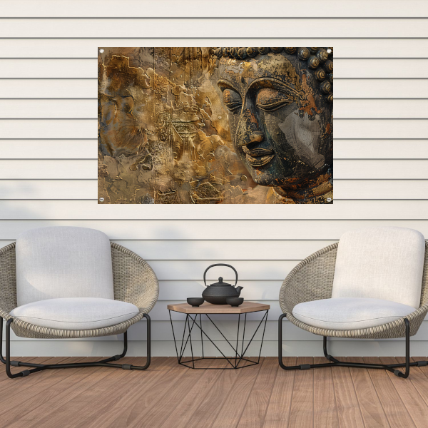 Gouden Boeddha Gezicht met Puzzel Ontwerp tuinposter