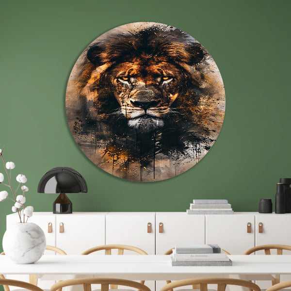 Leeuwenkop in dynamische graffiti-stijl aluminium muurcirkel