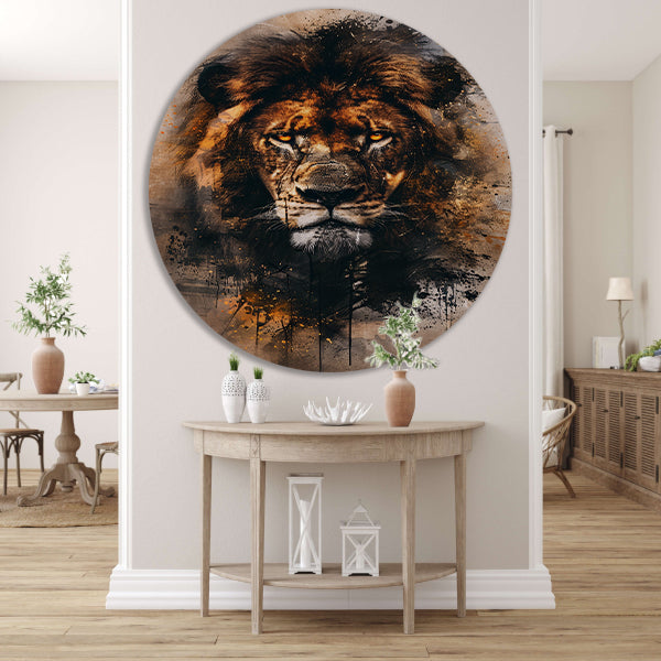 Leeuwenkop in dynamische graffiti-stijl aluminium muurcirkel