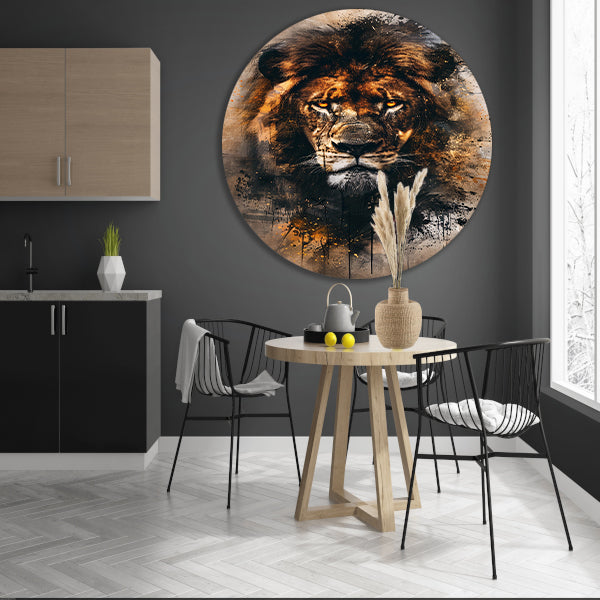 Leeuwenkop in dynamische graffiti-stijl aluminium muurcirkel