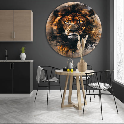 Leeuwenkop in dynamische graffiti-stijl aluminium muurcirkel