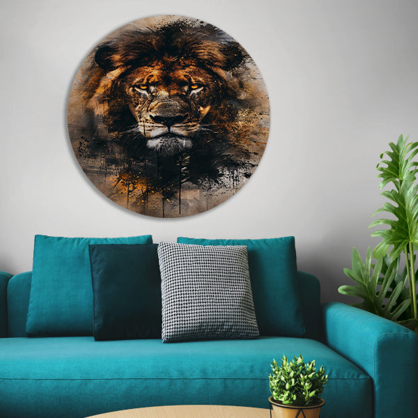 Leeuwenkop in dynamische graffiti-stijl aluminium muurcirkel