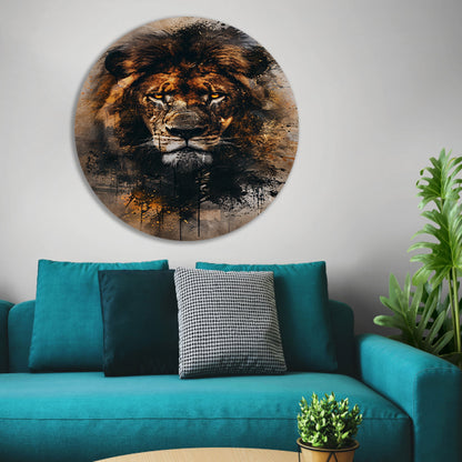 Leeuwenkop in dynamische graffiti-stijl aluminium muurcirkel