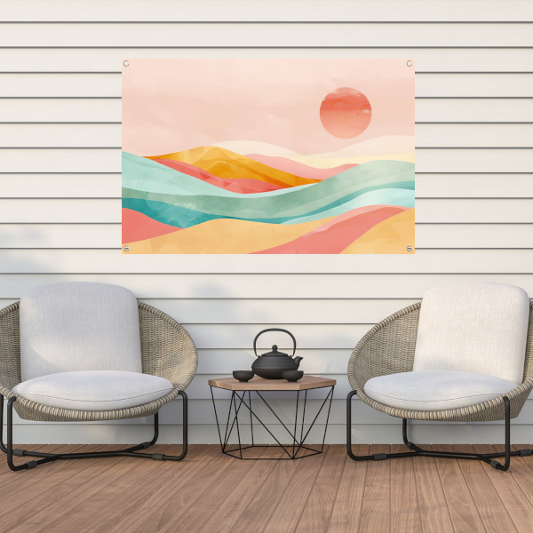 Abstracte pastelkleuren landschap met glooiende heuvels tuinposter