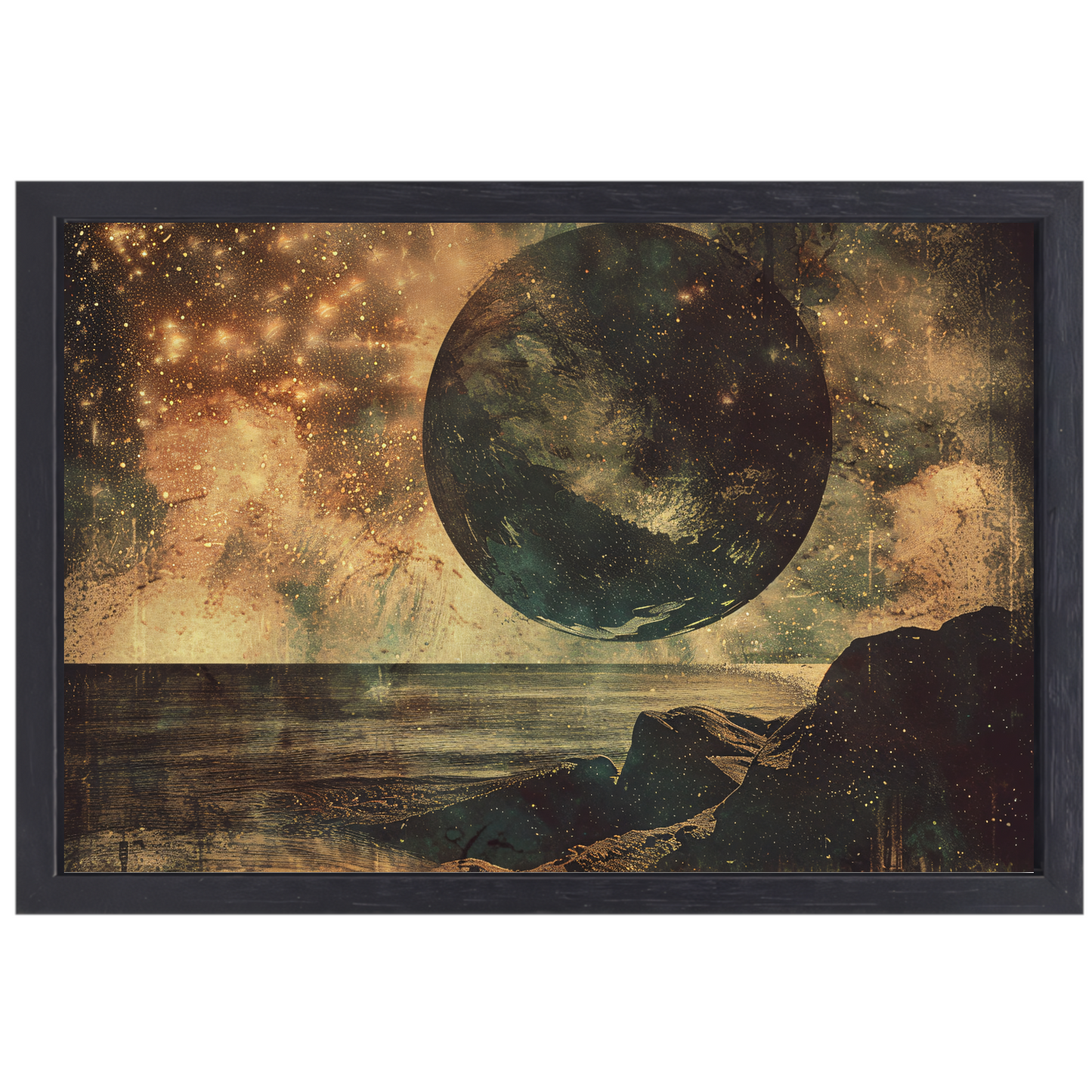 Gouden Kosmische Gloed Boven Zee canvas met baklijst