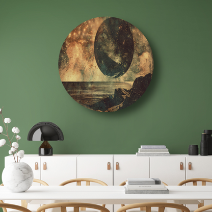 Gouden Kosmische Gloed Boven Zee aluminium muurcirkel