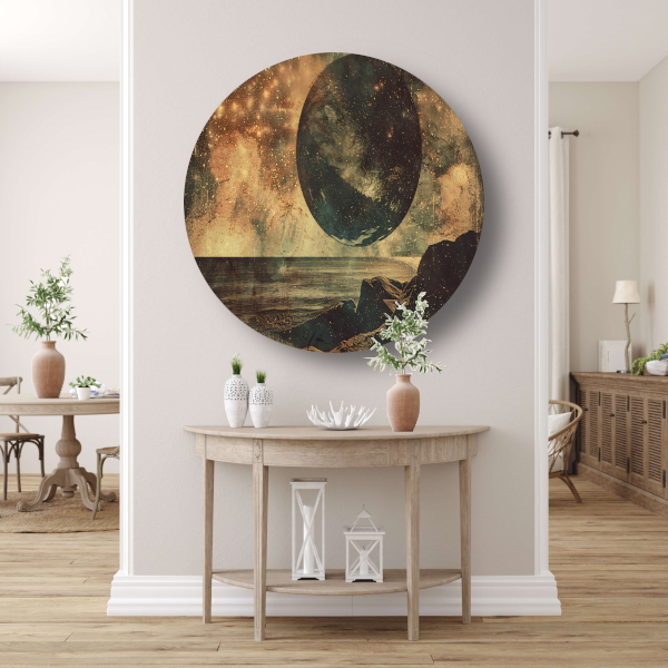 Gouden Kosmische Gloed Boven Zee aluminium muurcirkel