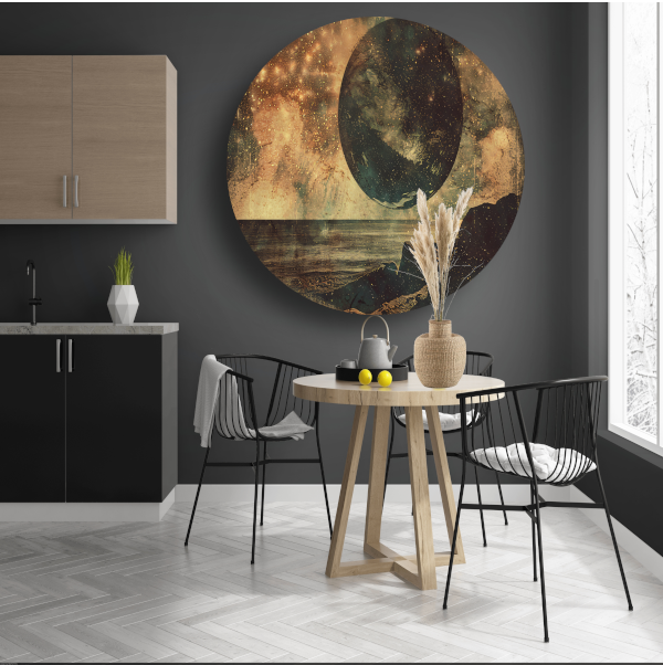 Gouden Kosmische Gloed Boven Zee aluminium muurcirkel