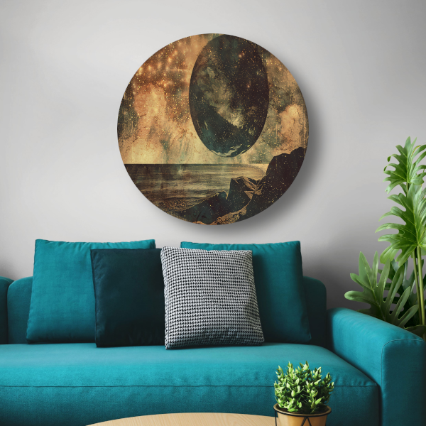 Gouden Kosmische Gloed Boven Zee aluminium muurcirkel