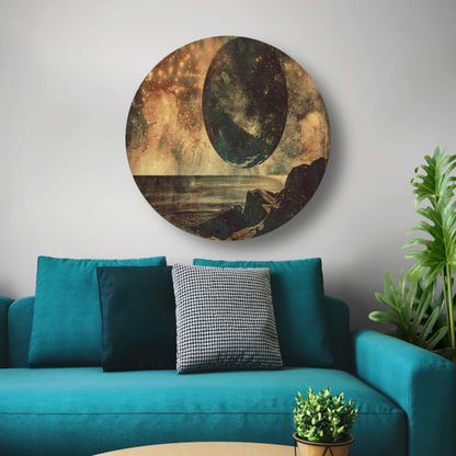 Gouden Kosmische Gloed Boven Zee aluminium muurcirkel