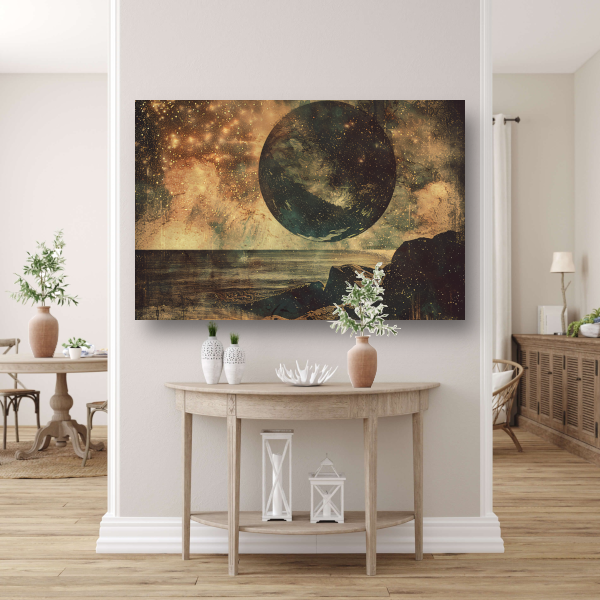 Gouden Kosmische Gloed Boven Zee canvas met baklijst