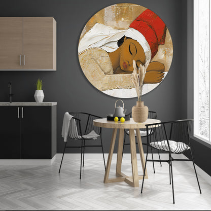 Slapende vrouw met rode hoed schilderij aluminium muurcirkel