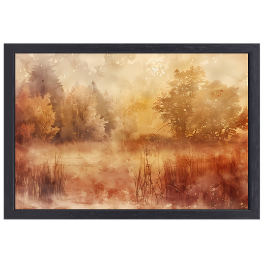Nevelig sepia boslandschap in herfstsfeer canvas met baklijst