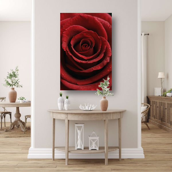 Rode roos met dauwdruppels close-up canvas