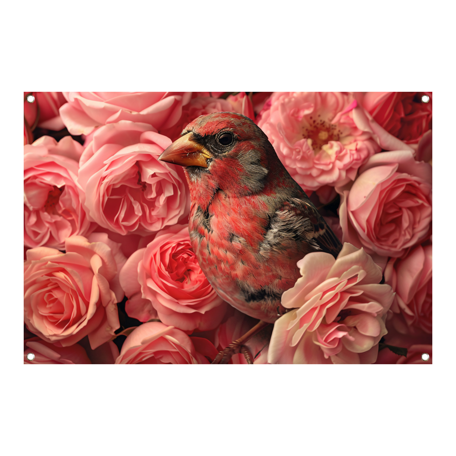 Vogel omhuld door roze rozenpracht tuinposter