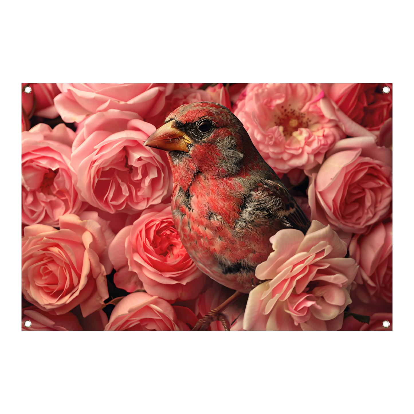 Vogel omhuld door roze rozenpracht canvas