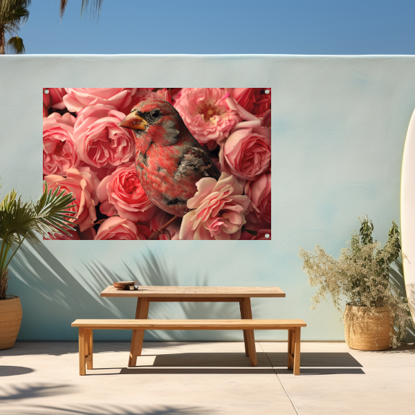 Vogel omhuld door roze rozenpracht canvas