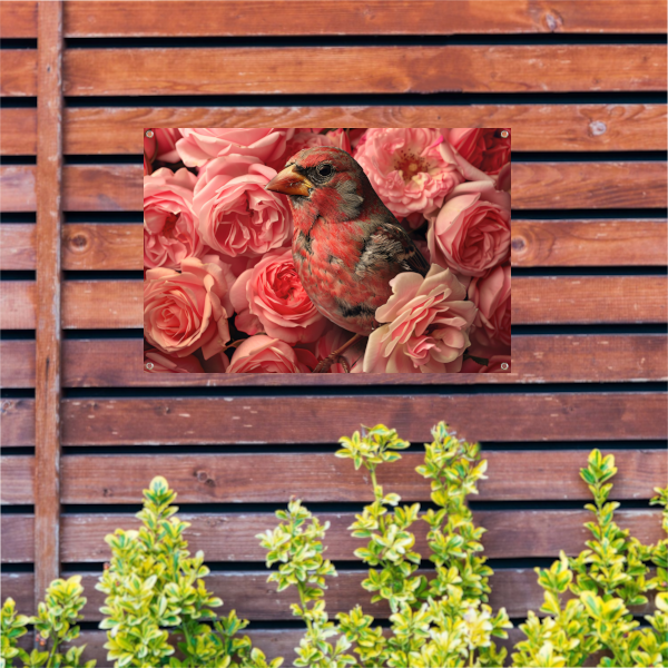 Vogel omhuld door roze rozenpracht canvas