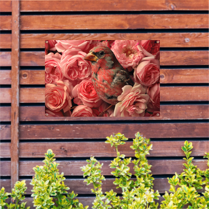 Vogel omhuld door roze rozenpracht canvas