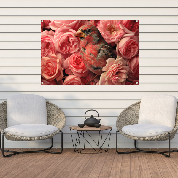 Vogel omhuld door roze rozenpracht canvas