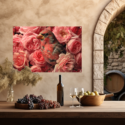 Vogel omhuld door roze rozenpracht canvas
