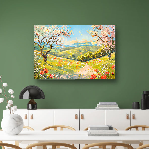 Schilderachtig lentelandschap met bloesembomen poster