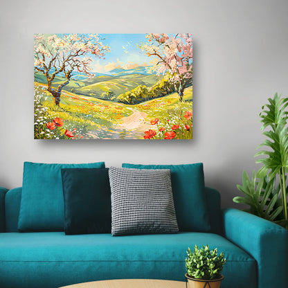 Schilderachtig lentelandschap met bloesembomen poster