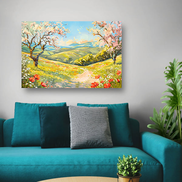 Schilderachtig lentelandschap met bloesembomen canvas met baklijst