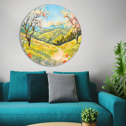 Schilderachtig lentelandschap met bloesembomen aluminium muurcirkel