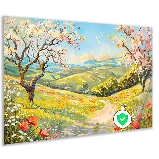 Schilderachtig lentelandschap met bloesembomen poster