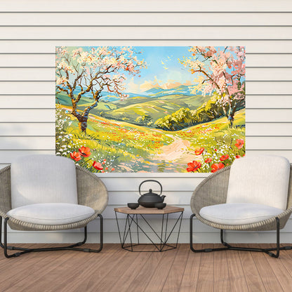 Schilderachtig lentelandschap met bloesembomen tuinposter