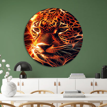 Vurige digitale kunst van majestueuze jaguar aluminium muurcirkel