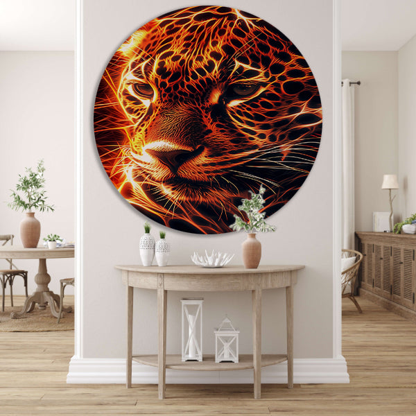 Vurige digitale kunst van majestueuze jaguar aluminium muurcirkel