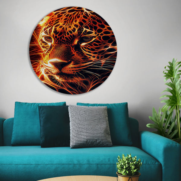 Vurige digitale kunst van majestueuze jaguar aluminium muurcirkel