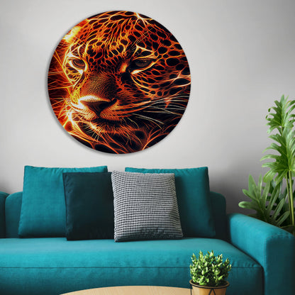 Vurige digitale kunst van majestueuze jaguar aluminium muurcirkel