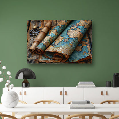 Opgerolde Wereldkaart op Houten Tafel. canvas met baklijst