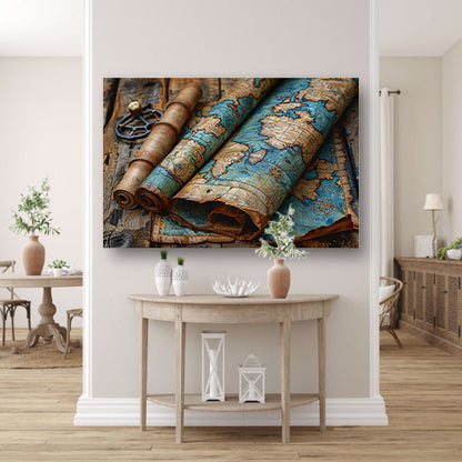Opgerolde Wereldkaart op Houten Tafel. canvas met baklijst