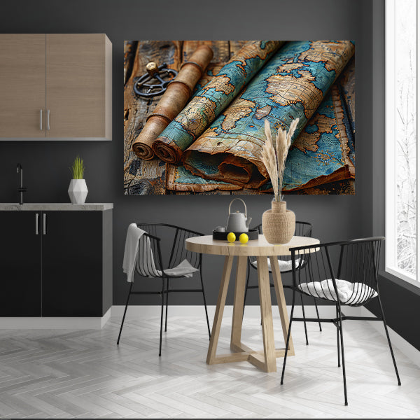 Opgerolde Wereldkaart op Houten Tafel. acrylglas