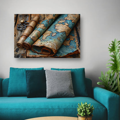 Opgerolde Wereldkaart op Houten Tafel. canvas met baklijst