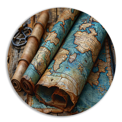 Opgerolde Wereldkaart op Houten Tafel. forex muurcirkel