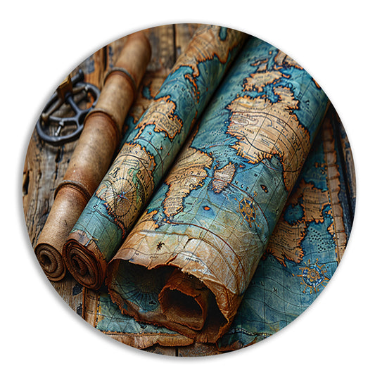 Opgerolde Wereldkaart op Houten Tafel. forex muurcirkel